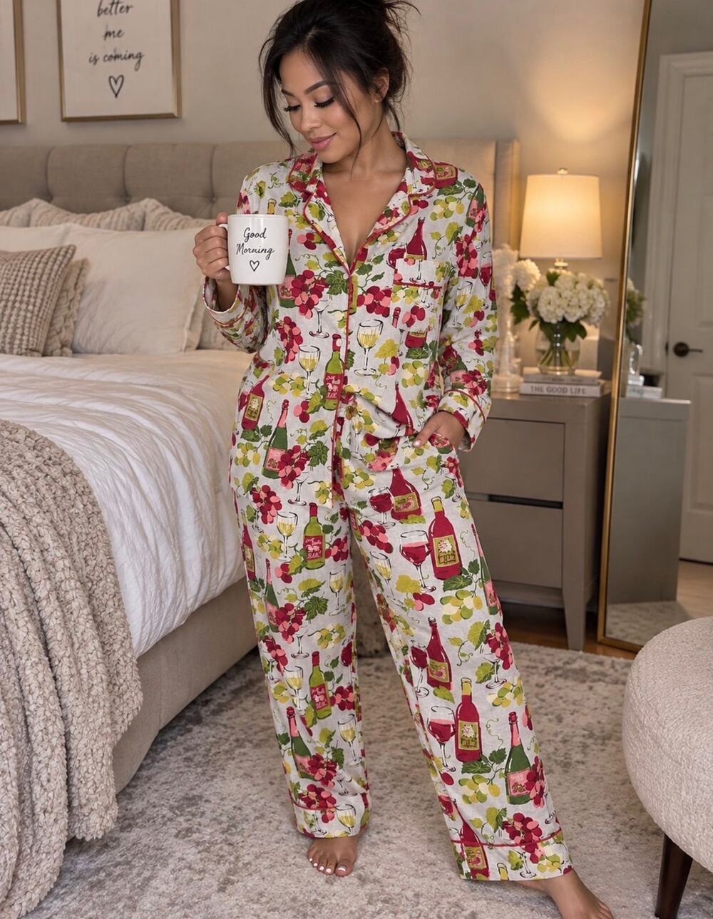Printfresh Wine Country Pajama & Top Set Women's Large Long Sleeve Foral Print